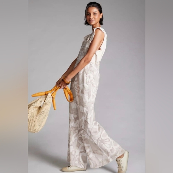 Anthropologie Maeve Wide Leg Linen Printed Tie Overalls Ivory Beige Flower - Picture 1 of 10